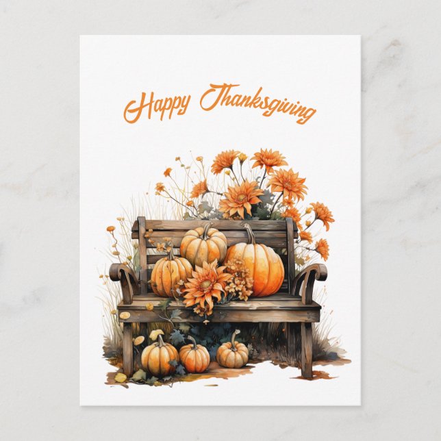 Thanksgiving Pumpkins Rustic Bench Illustration Helg Vykort (Framsida)