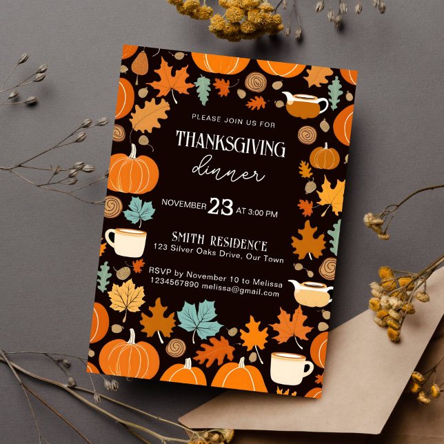 Thanksgiving retro stil pumkins maple löv inbjudningar (Thanksgiving dinner party template invitation instant download retro style pumpkins fall leaves cups)
