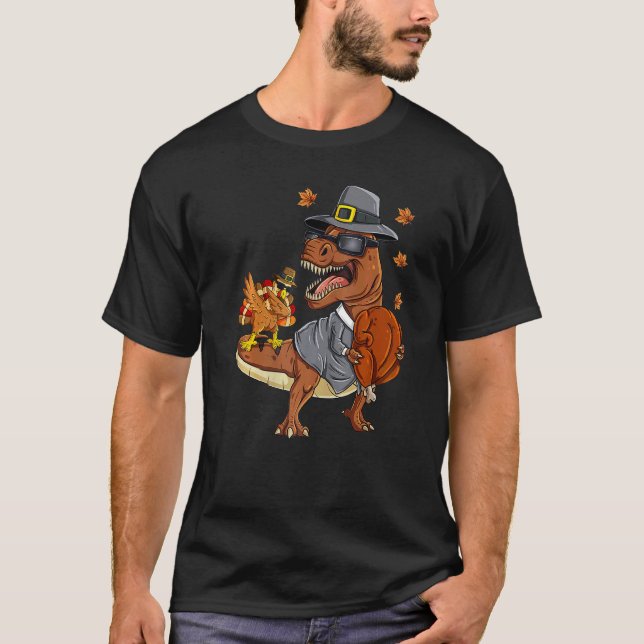 Thanksgiving Rex Dabbing Turkey Pilgrim Boys Kids  T Shirt (Framsida)