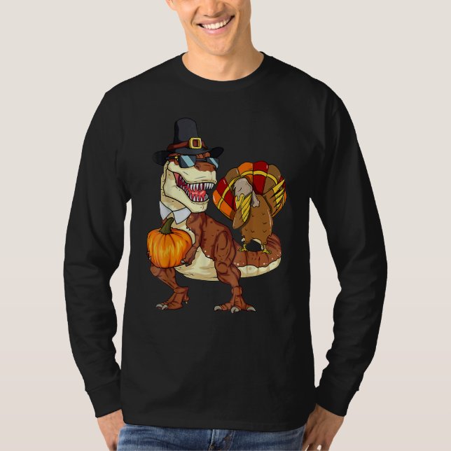 Thanksgiving Rex Dinosaur Dabbing Turkey Pumpkin T Shirt (Framsida)