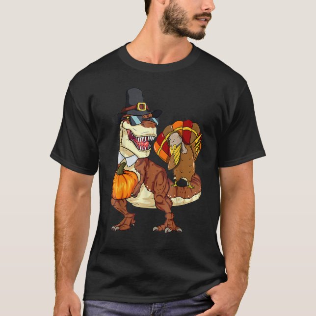 Thanksgiving Rex Dinosaur Dabbing Turkey Pumpkin T Shirt (Framsida)