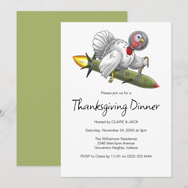 Thanksgiving Rocket Turkiet Inbjudningar (Fram/baksida)