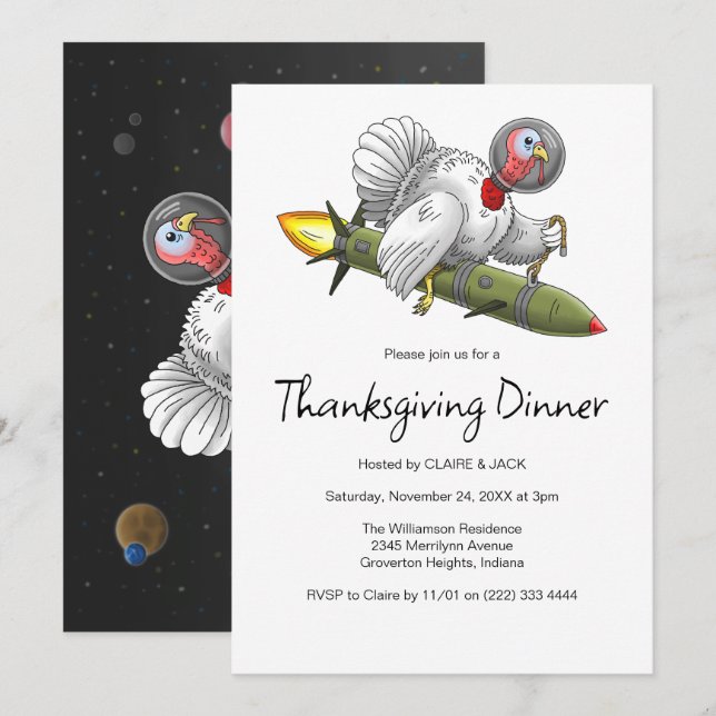 Thanksgiving Rocket Turkiet Inbjudningar (Fram/baksida)