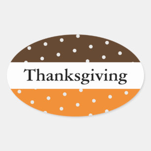 THANKSGIVING Roligt Brun vit Orange Rand punkter Ovalt Klistermärke