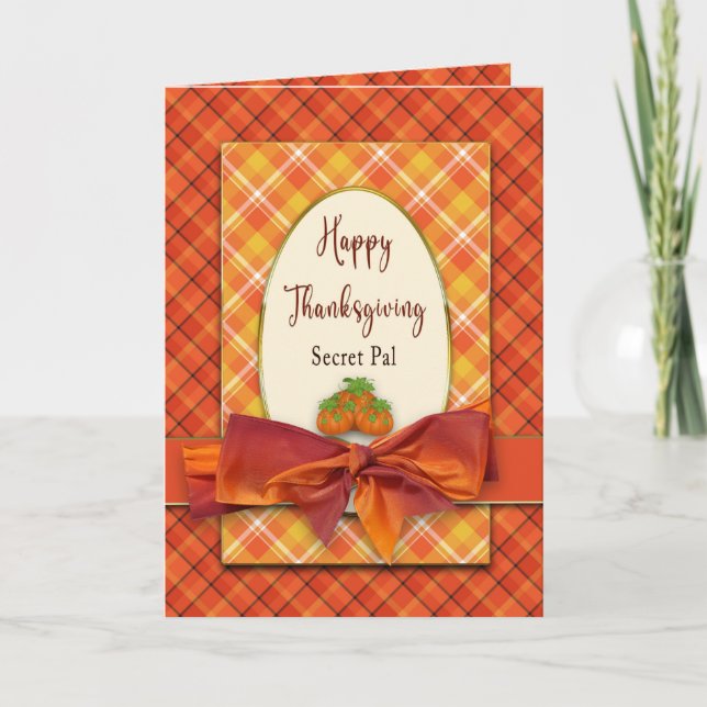 Thanksgiving Secret Pal Orange Plaids och Bow Card Kort (Framsida)
