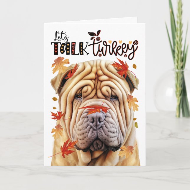 Thanksgiving Shar Pei Hund Lets Prata med Turkiet Helgkort (Framsida)