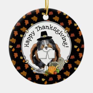 Thanksgiving Shetland Sheepdog (blå merle) Julgransprydnad Keramik