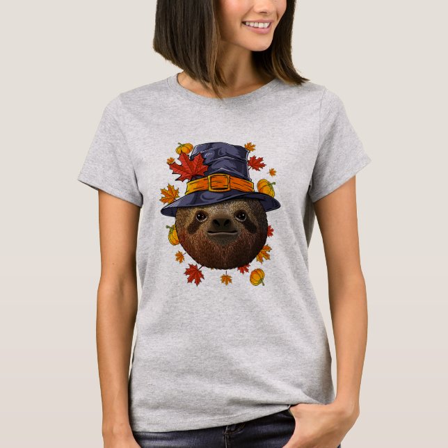 Thanksgiving Sloth Pilgrim Costume Fall Höger höst T Shirt (Framsida)
