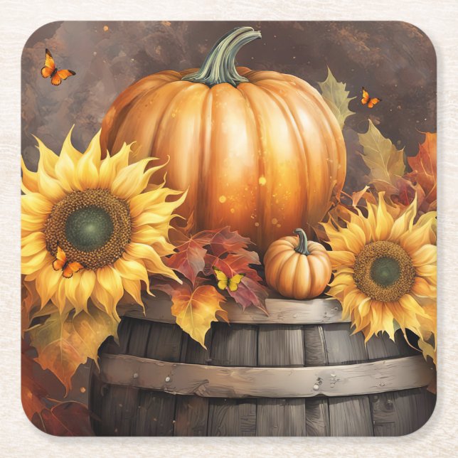 Thanksgiving Söt Pumpkin Sunblommor Underlägg Papper Kvadrat (Framsidan)