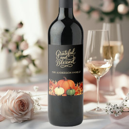 Thanksgiving, svart, tacksam, välsignad vinflaska etikett