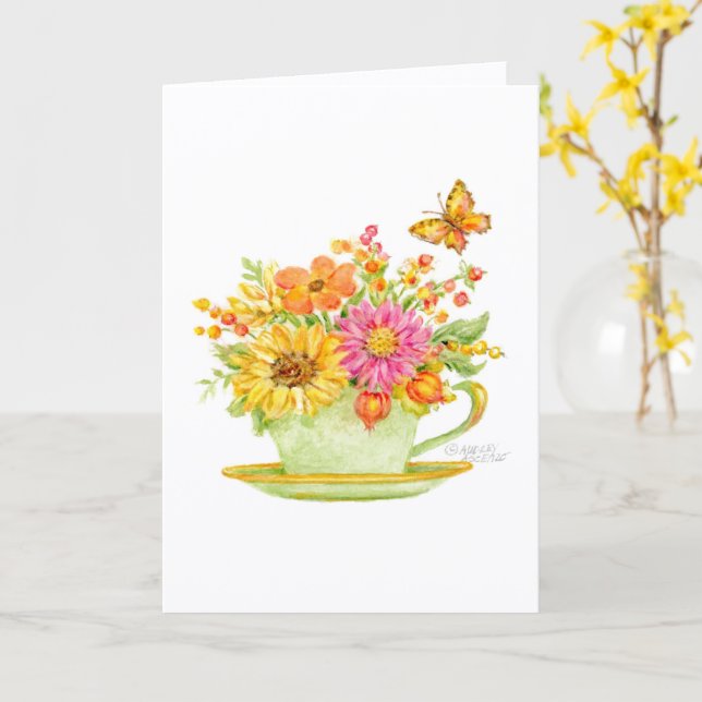 Thanksgiving Teacup Beautiful Day Blessings Card Kort (Gul blomma)
