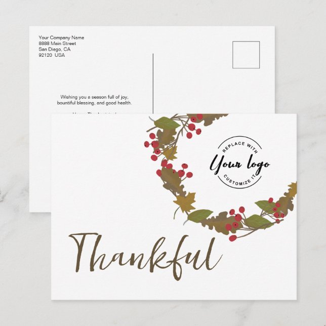 Thanksgiving Thankful Autumn Wreath Business logo Vykort (Fram/baksida)