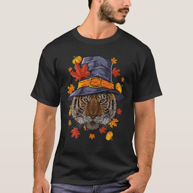 Thanksgiving Tiger Pilgrim Costume Fall Hösten T Shirt (Framsida)