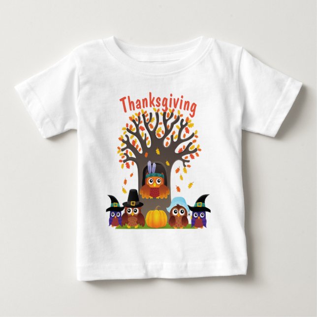 Thanksgiving träd med söt uggla t shirt (Framsida)
