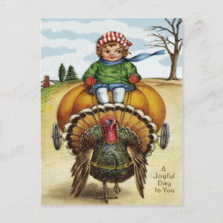 Thanksgiving Turkey Boy Riding Pumpkin Helg Vykort