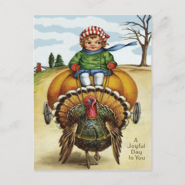 Thanksgiving Turkey Boy Riding Pumpkin Helg Vykort (Framsida)