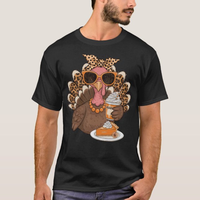 Thanksgiving Turkey Drinking Coffee Leopard   T Shirt (Framsida)