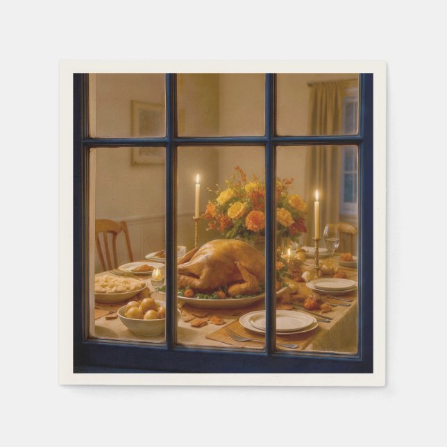 Thanksgiving Turkey Feast In Window Pappersservett (Framsidan)