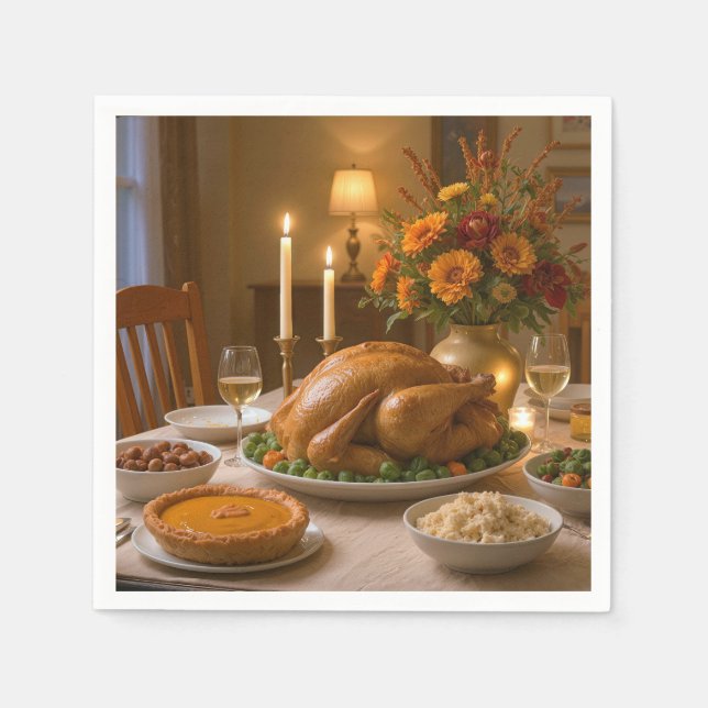 Thanksgiving Turkey Feast With Candles Pappersservett (Framsidan)