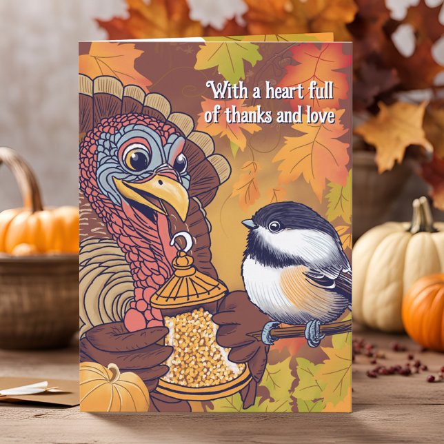 Thanksgiving Turkey Gratitude Kärlek Cute Chickade Helgkort (Adorable Thanksgiving card illustration: Sweet turkey sharing a birdseed feeder with chickadee bird)