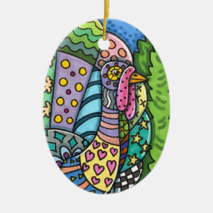 THANKSGIVING TURKEY, PATCHWORFEATHERS, FOLK ART JULGRANSPRYDNAD KERAMIK