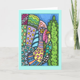 THANKSGIVING TURKEY, PATCHWORFEATHERS, FOLK ART KORT