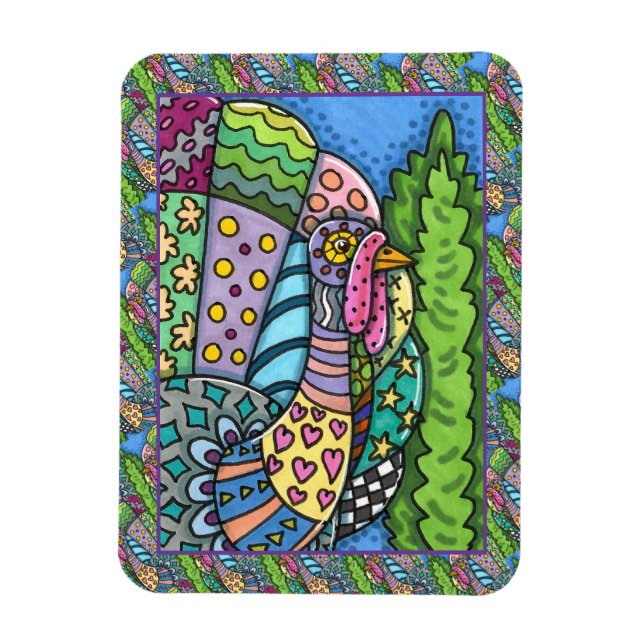 THANKSGIVING TURKEY, PATCHWORFEATHERS, FOLK ART MAGNET (Vertikal)