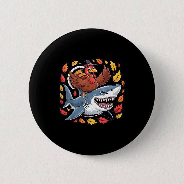 Thanksgiving Turkey Riding Shark Funny Autumn Boys Knapp (Framsida)
