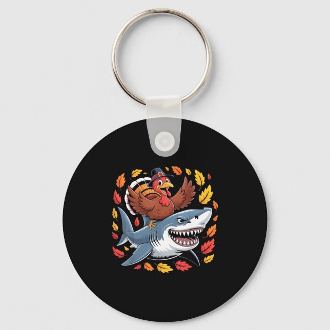 Thanksgiving Turkey Riding Shark Funny Autumn Boys Nyckelring (Framsida)