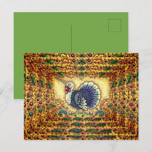 THANKSGIVING TURKEY UNICORN, WHIMSICAL FANTASY HELG VYKORT (Fram/baksida)