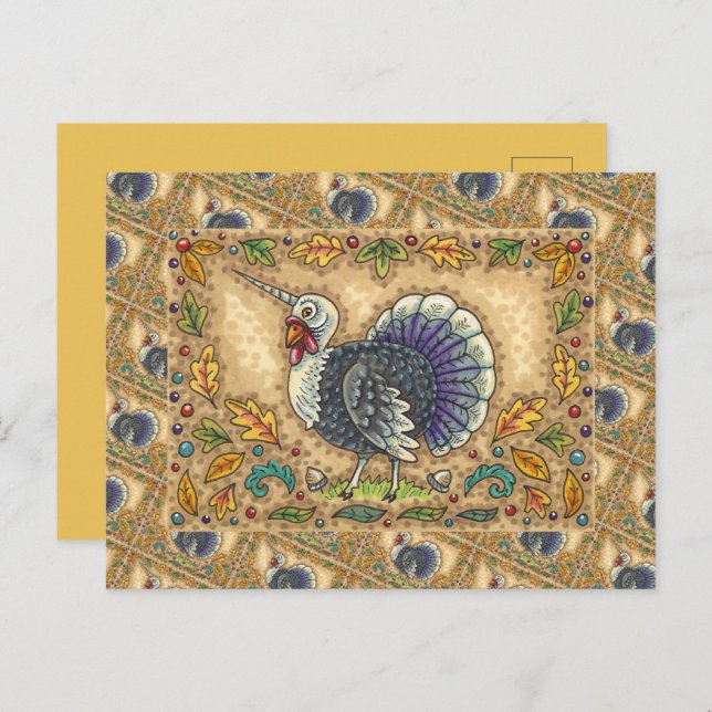 THANKSGIVING TURKEY UNICORN, WHIMSICAL FANTASY HELG VYKORT (Fram/baksida)