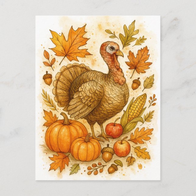 Thanksgiving Turkey Watercolor Postcard Helg Vykort (Framsida)