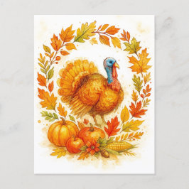 Thanksgiving Turkey Wreath Postcard Helg Vykort