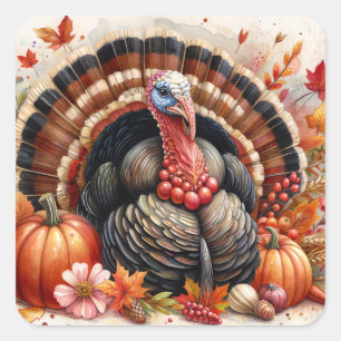 Thanksgiving Turkiet Autumn Harvest Watercolor Fyrkantigt Klistermärke