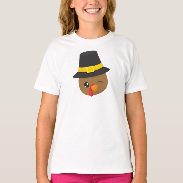 Thanksgiving Turkiet, Brown Turkiet, Pilgrim Hat T Shirt (Framsida)