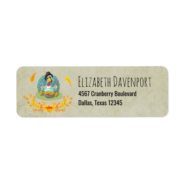 Thanksgiving Turkiet Eating Pumpkin Paj Returadress Etikett (Framsidan)