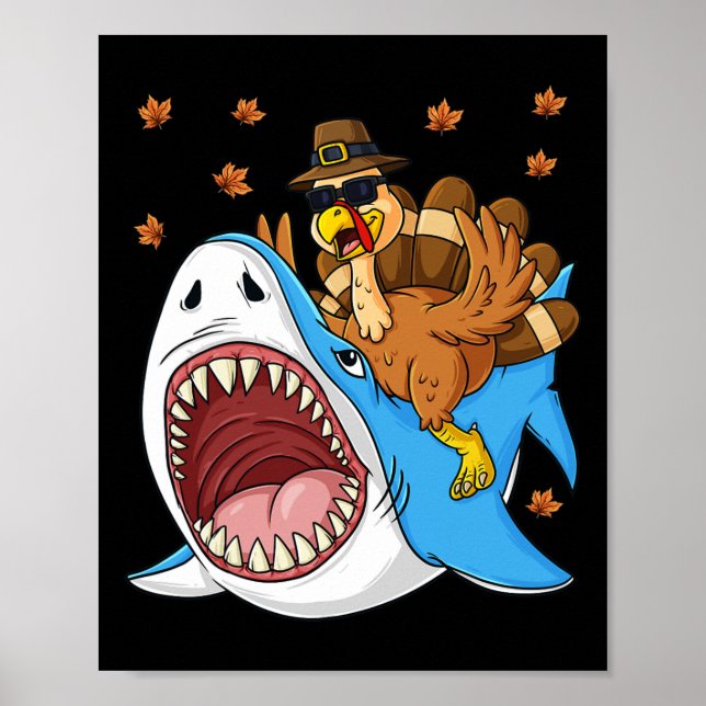 Thanksgiving Turkiet Riding Shark Roligt Småbarn B Poster (Framsidan)