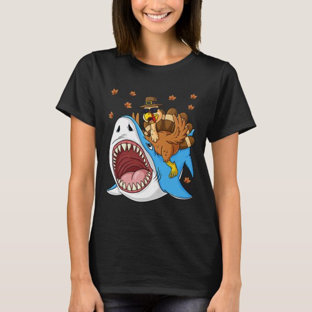 Thanksgiving Turkiet Riding Shark Roligt Småbarn B T Shirt (Framsida)
