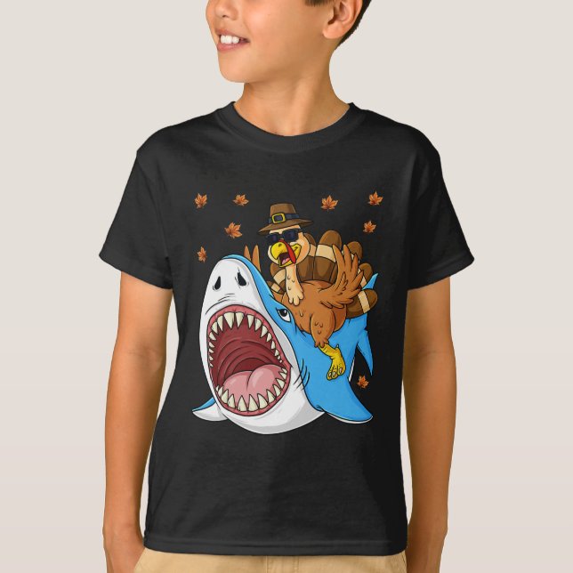 Thanksgiving Turkiet Riding Shark Roligt Småbarn B T Shirt (Framsida)