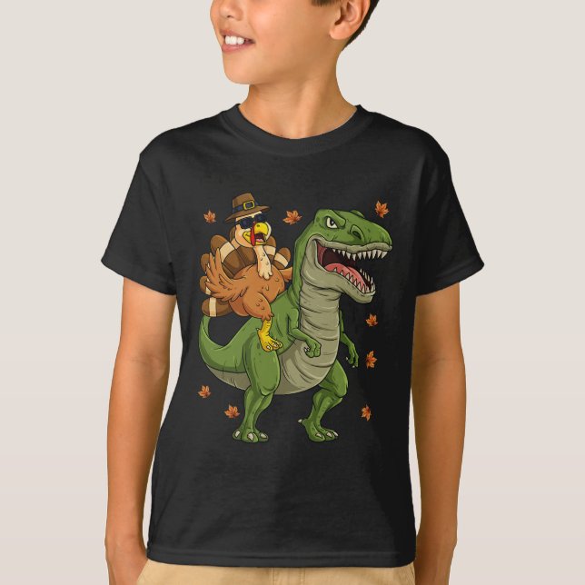 Thanksgiving Turkiet Riding T Rex Dinosaur Småbarn Shirt (Framsida)