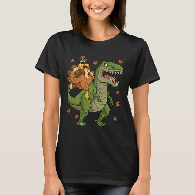 Thanksgiving Turkiet Riding T Rex Dinosaur Småbarn T Shirt (Framsida)