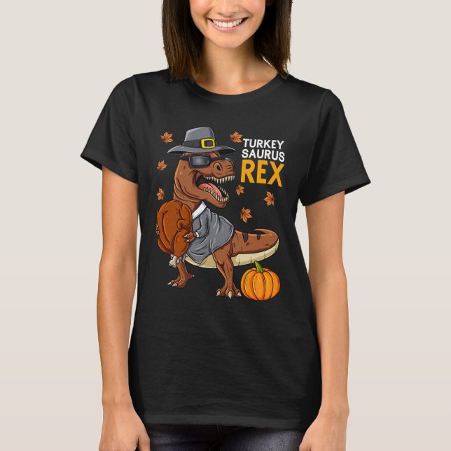 Thanksgiving Turkiet Saurus T Rex Pilgrim Dinosaur T Shirt (Framsida)