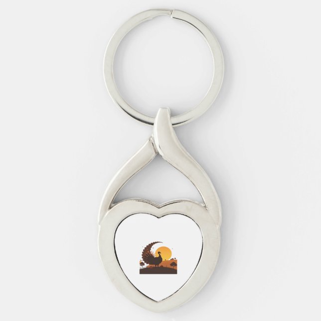 Thanksgiving Turkiet Silhouette - Sunset Harvest S Twisted Heart Silverfärgad Nyckelring (Framsidan)
