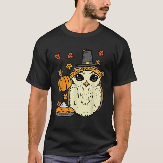 Thanksgiving Uggla Pilgrim Cute Fall Hösten Kvinno T Shirt (Framsida)