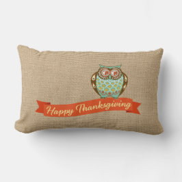 Thanksgiving Uggla Pillow på Faux Burlap Lumbarkudde