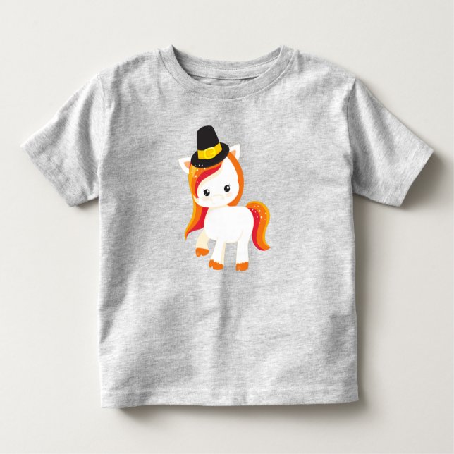 Thanksgiving Unicorn, Cute Unicorn, Pilgrim Hat T Shirt (Framsida)