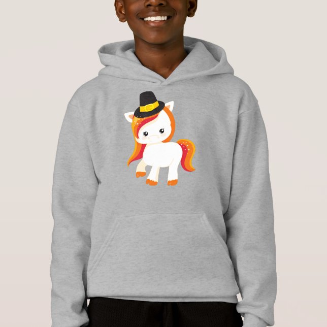 Thanksgiving Unicorn, Cute Unicorn, Pilgrim Hat T Shirt (Framsida)