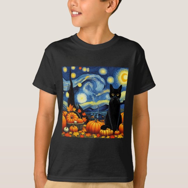 Thanksgiving Van Gogh Starry Night Black Cat Pumpk T Shirt (Framsida)