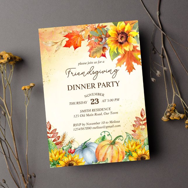 Thanksgiving vänskaplig middag party mall (Friendsgiving thanksgiving dinner party template invitation instant download watercolor pumpkins)
