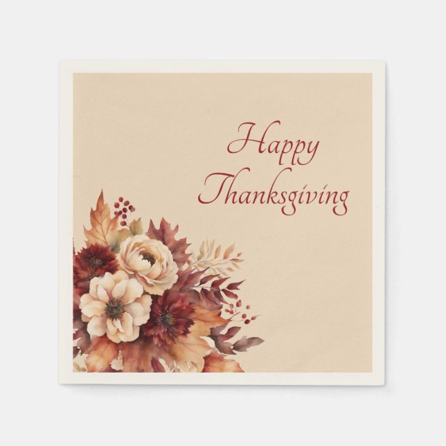 Thanksgiving-vattenfärg Blommor-Cream och Röd- Pappersservett (Framsidan)